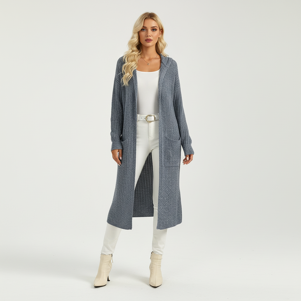 Women's Long Hooded Cardigan with Front Pockets