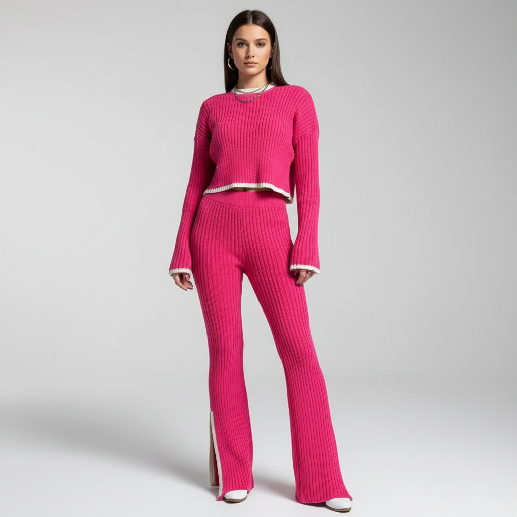 Women's Ribbed Loungewear Set with Top and Trousers