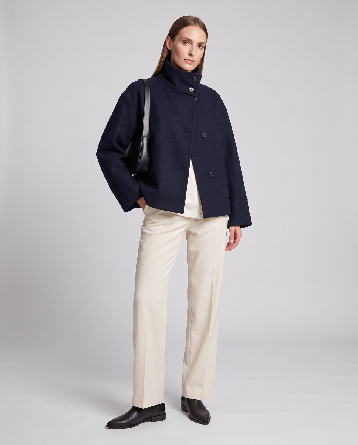 Women's Navy Boxy Coat, Stand Collar, Long Sleeves