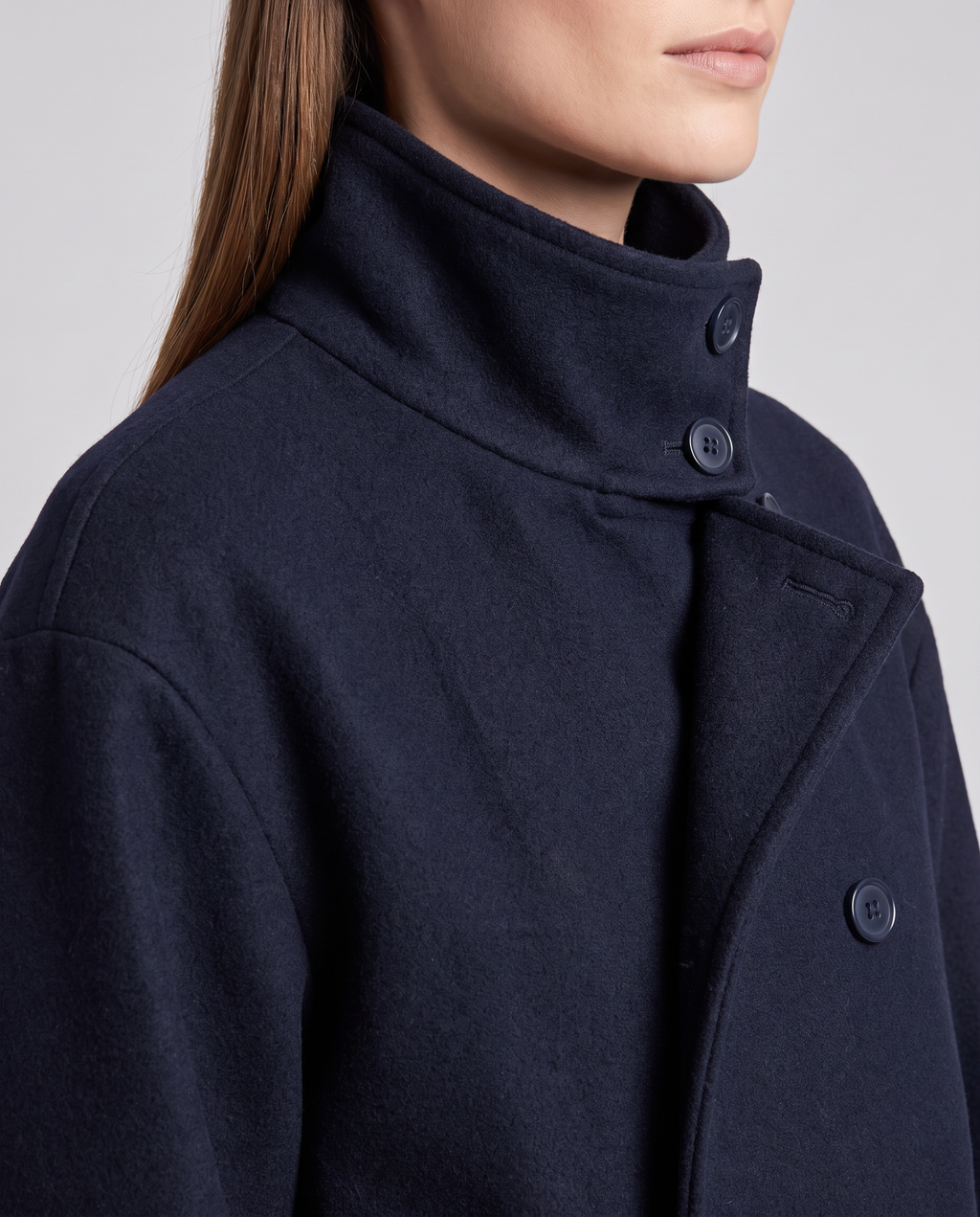 Women's Navy Boxy Coat, Stand Collar, Long Sleeves