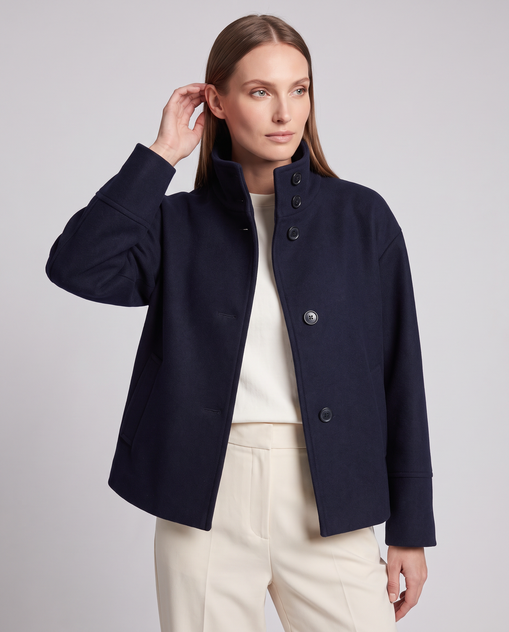 Women's Navy Boxy Coat, Stand Collar, Long Sleeves