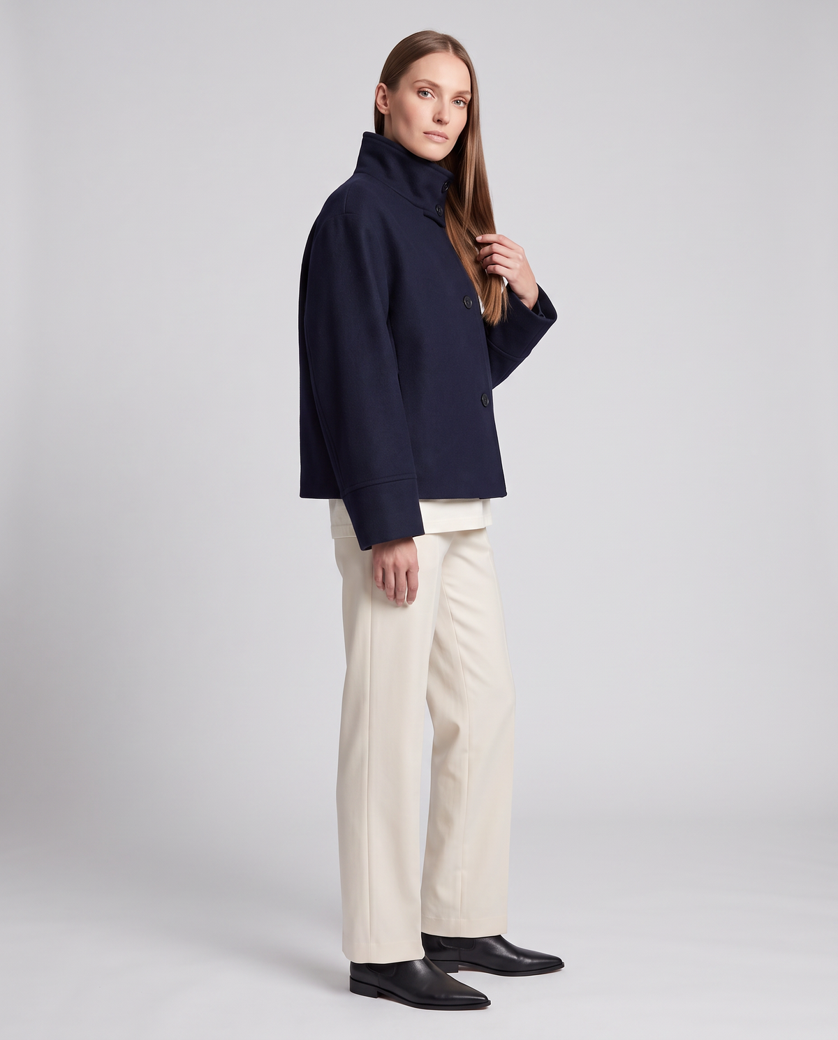 Women's Navy Boxy Coat, Stand Collar, Long Sleeves