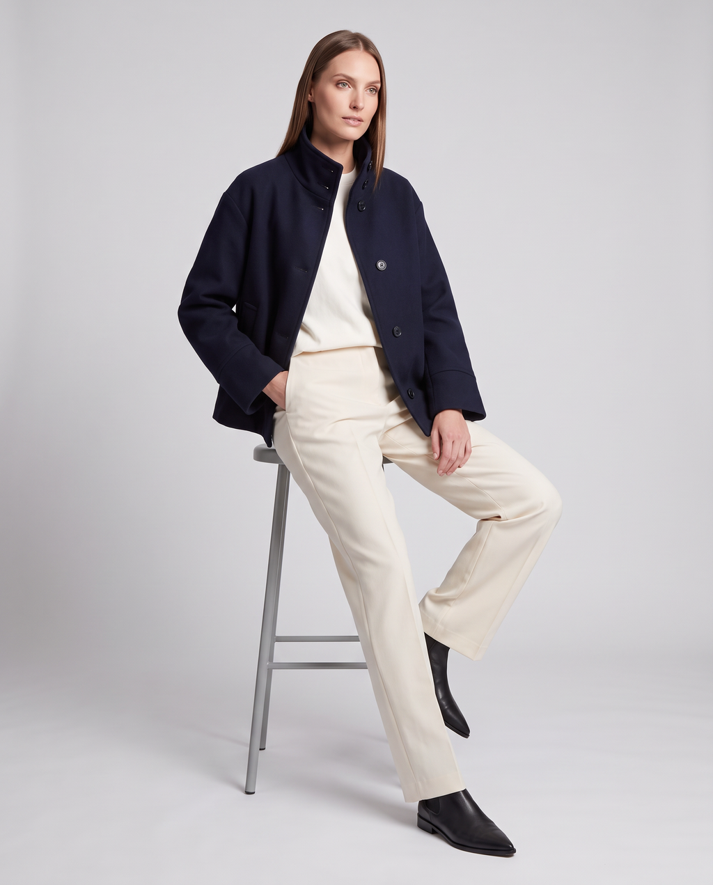 Women's Navy Boxy Coat, Stand Collar, Long Sleeves
