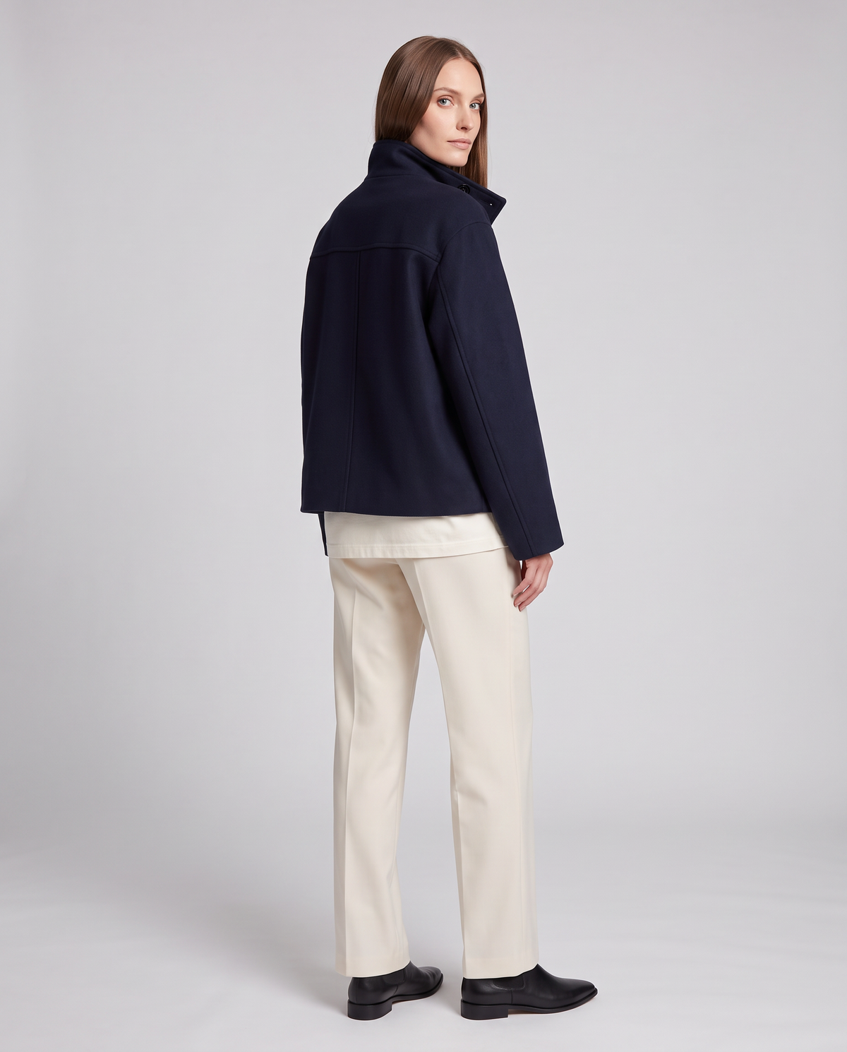 Women's Navy Boxy Coat, Stand Collar, Long Sleeves