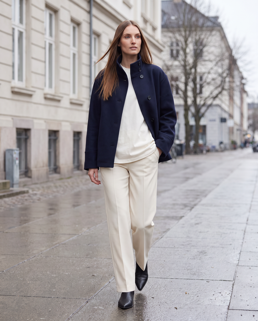 Women's Navy Boxy Coat, Stand Collar, Long Sleeves