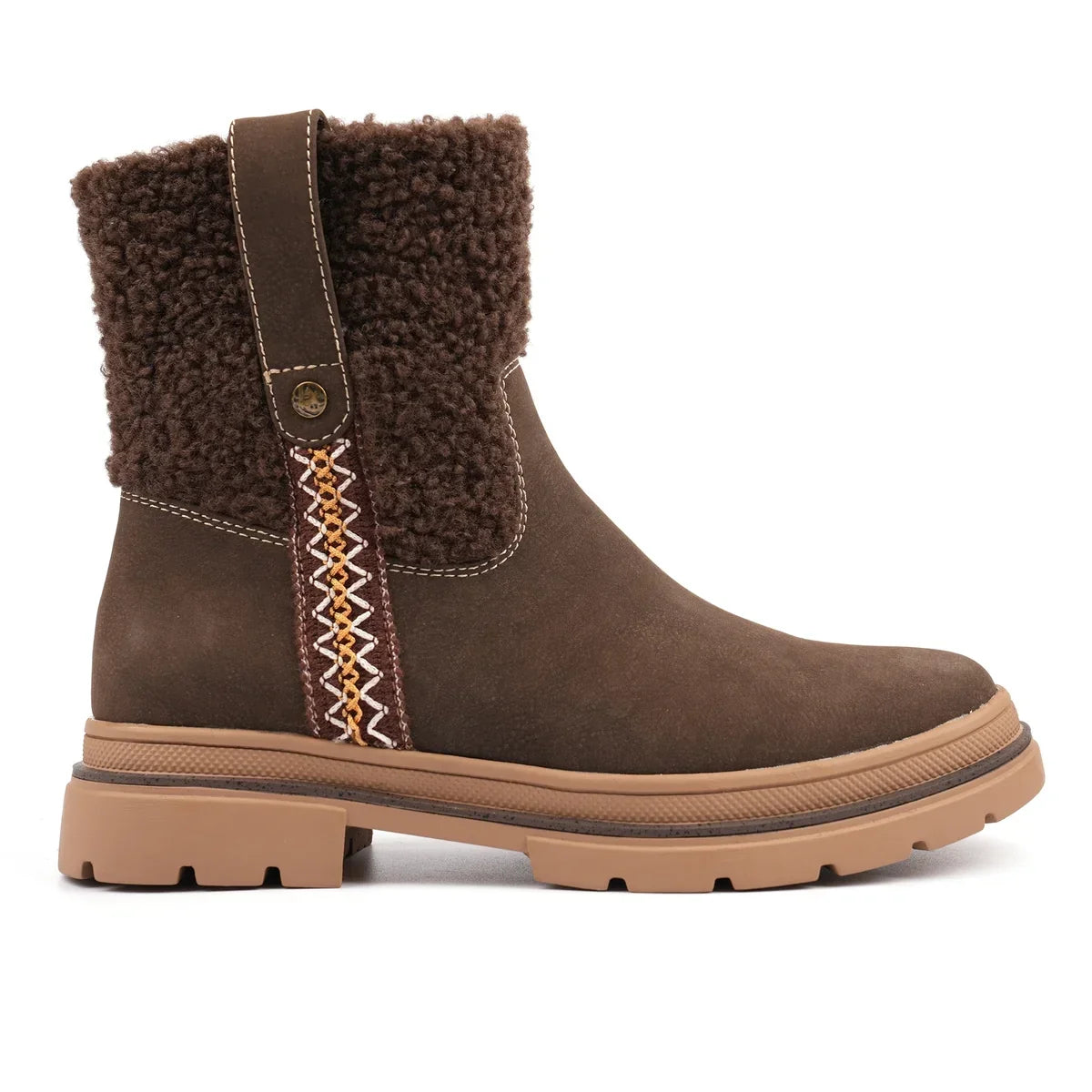 Women's Brown Ankle Boots, Textured Collar, Low Heel