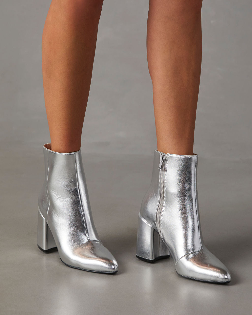 Women's Metallic Block Heel Ankle Boots with Side Zip