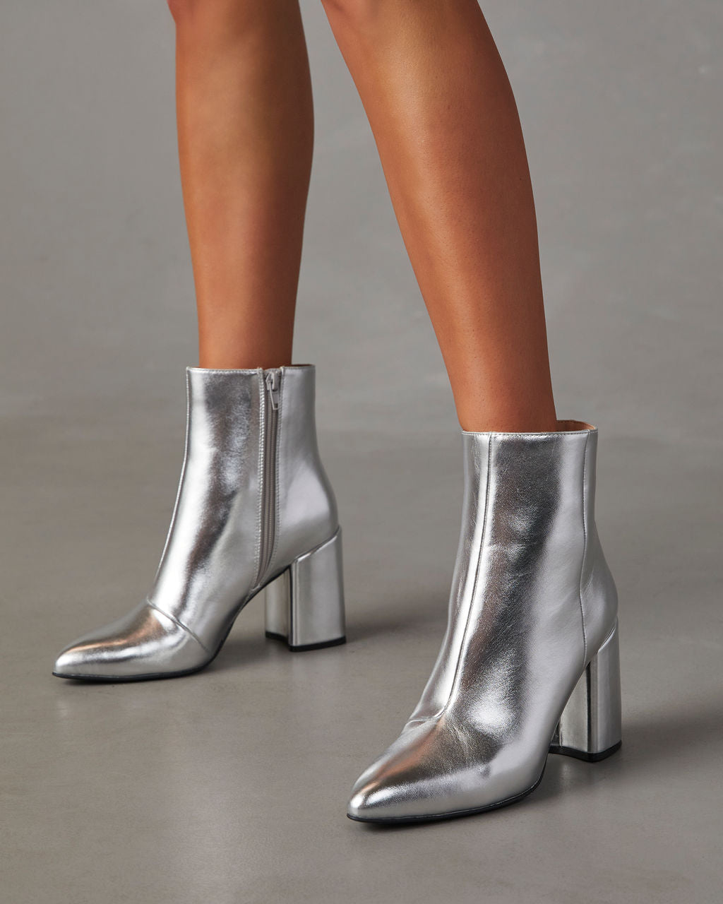 Women's Metallic Block Heel Ankle Boots with Side Zip