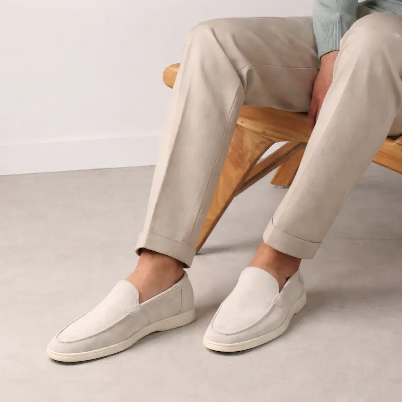 Men's Off-White Loafers, Slip-On, Rounded Toe, Flat Sole