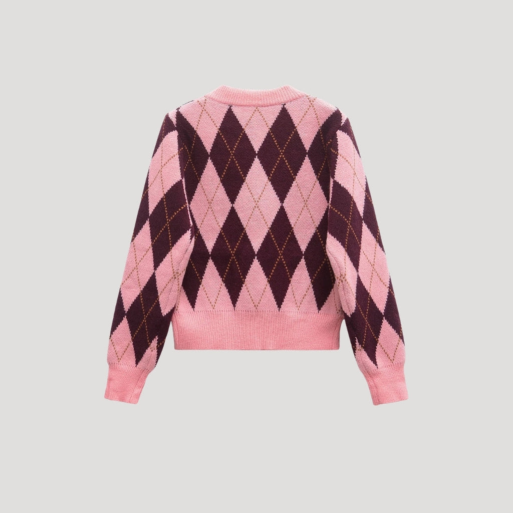 Women's Pink Argyle Cropped Cardigan, Crew Neck, Long Sleeves