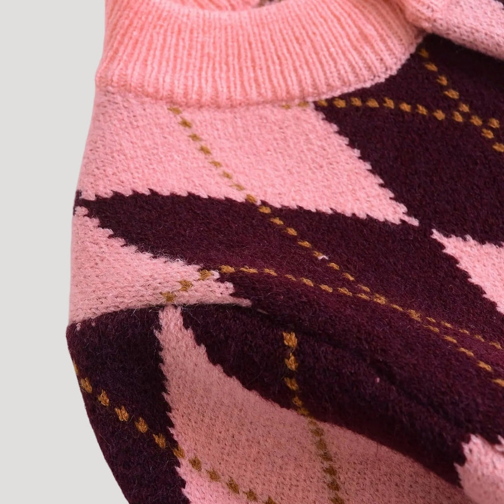 Women's Pink Argyle Cropped Cardigan, Crew Neck, Long Sleeves