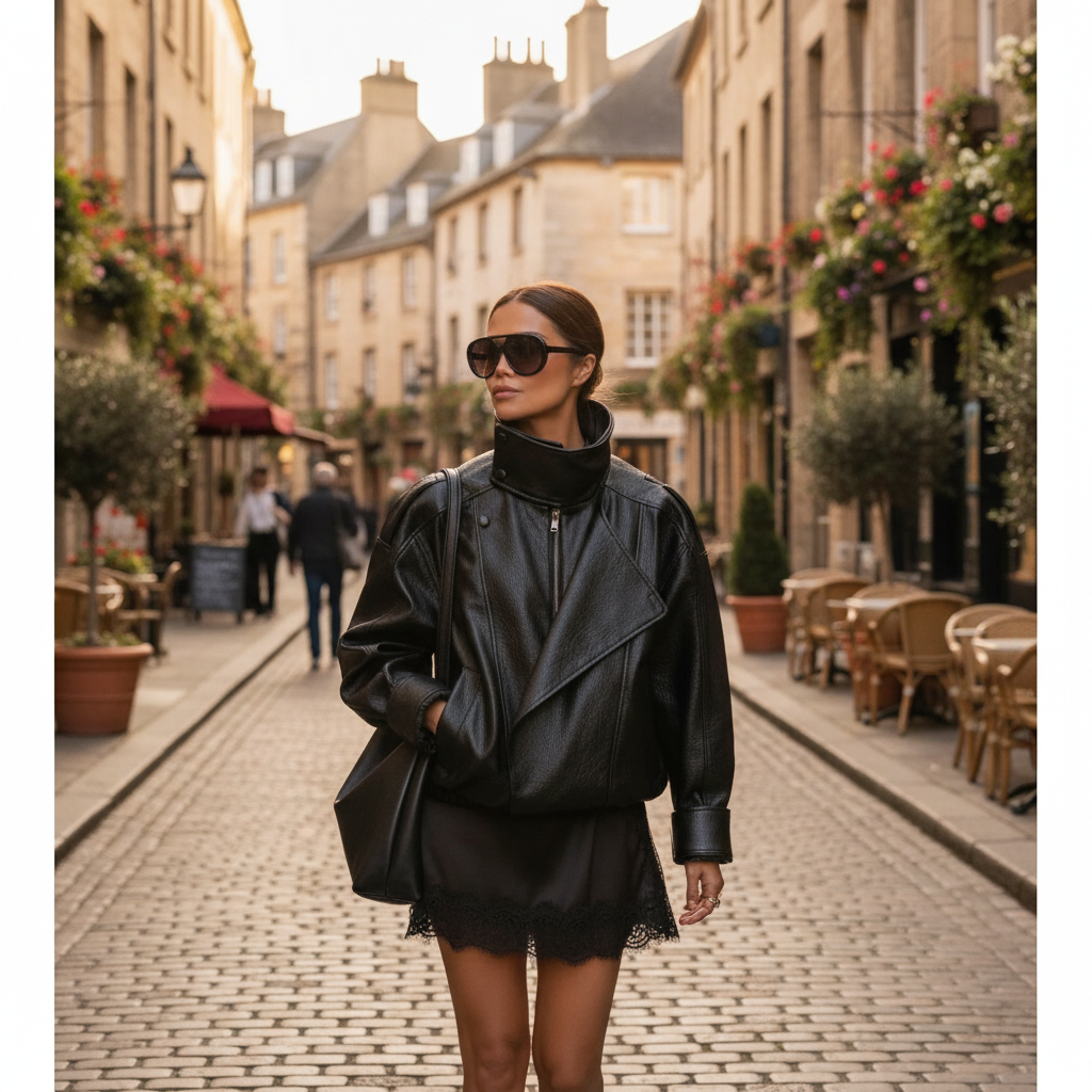 Women's Black Biker Jacket, Asymmetric Zip, High Neck