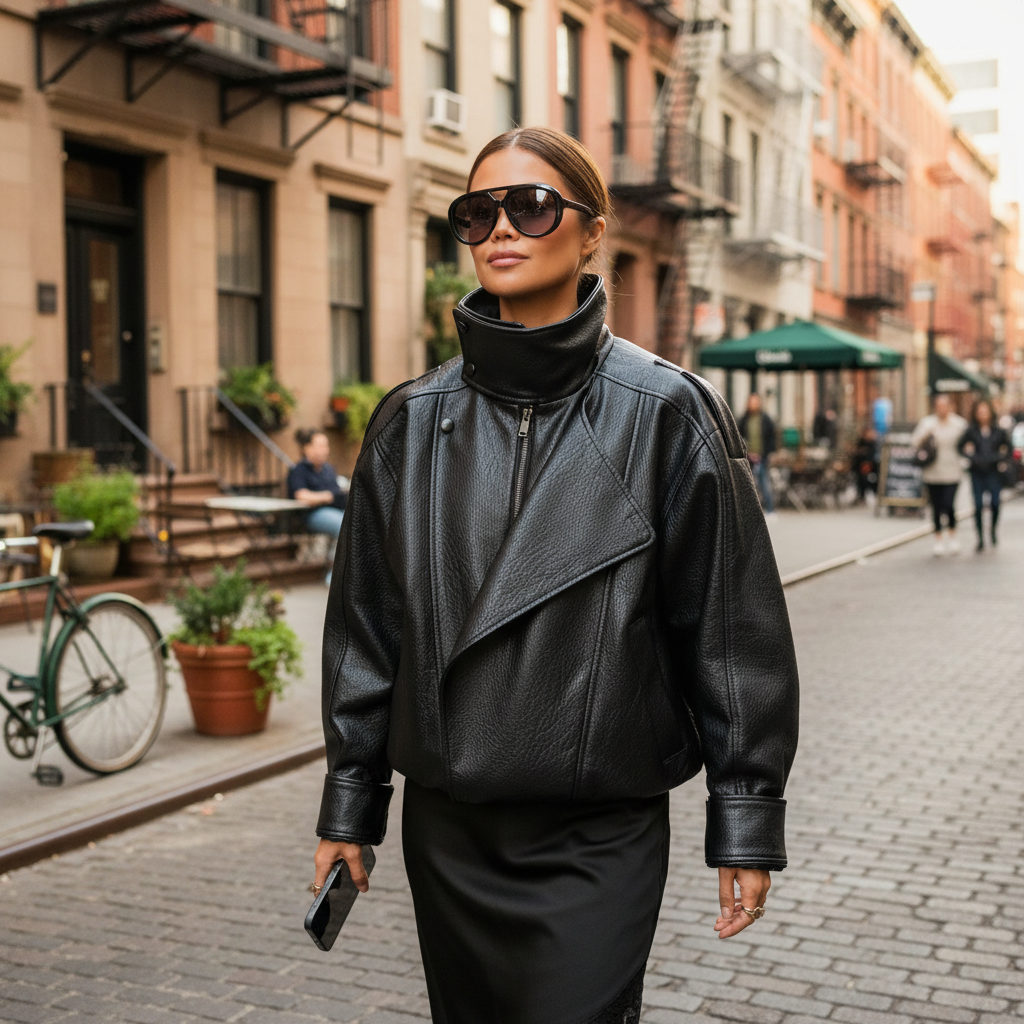 Women's Black Biker Jacket, Asymmetric Zip, High Neck