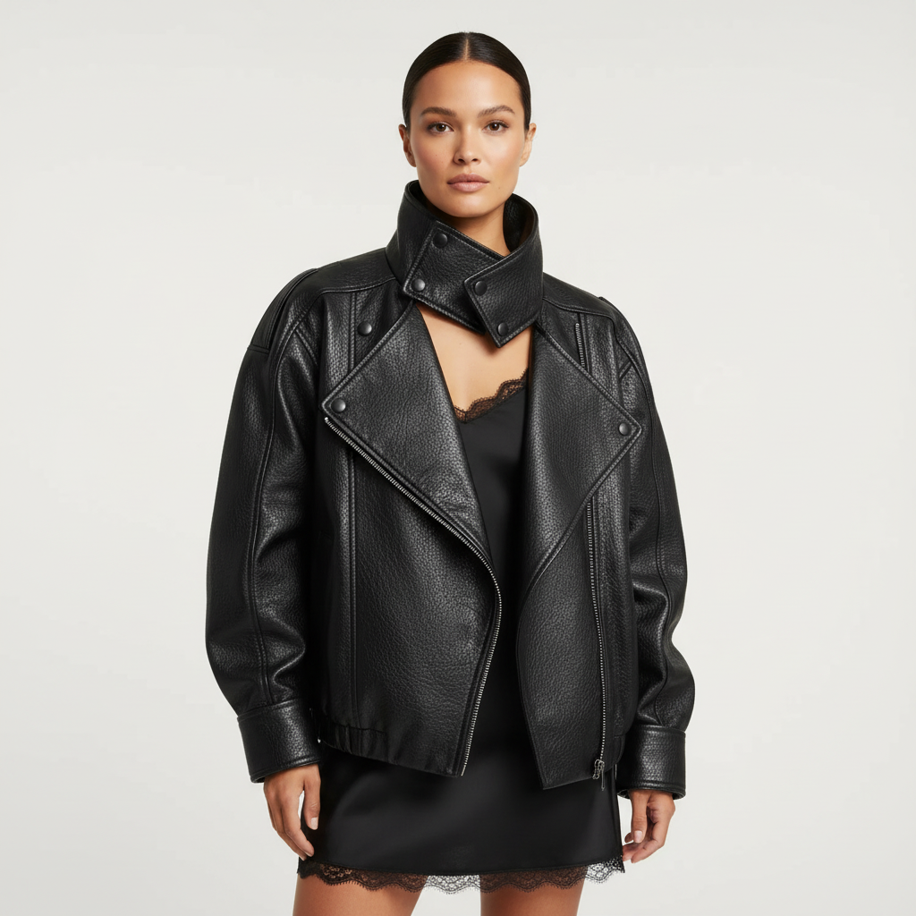 Women's Black Biker Jacket, Asymmetric Zip, High Neck