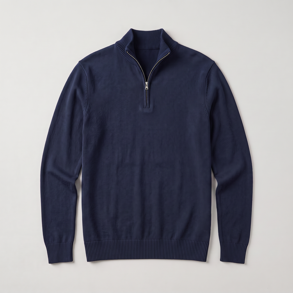 Montarello Men's Quarter-Zip Knitted-Look Sweater with Stand Collar