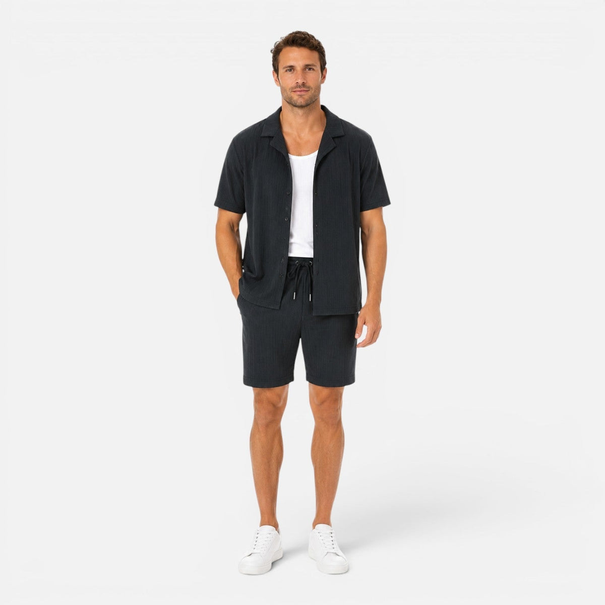 Montarello Men's Textured Camp Collar Shirt & Shorts Co-Ord Set