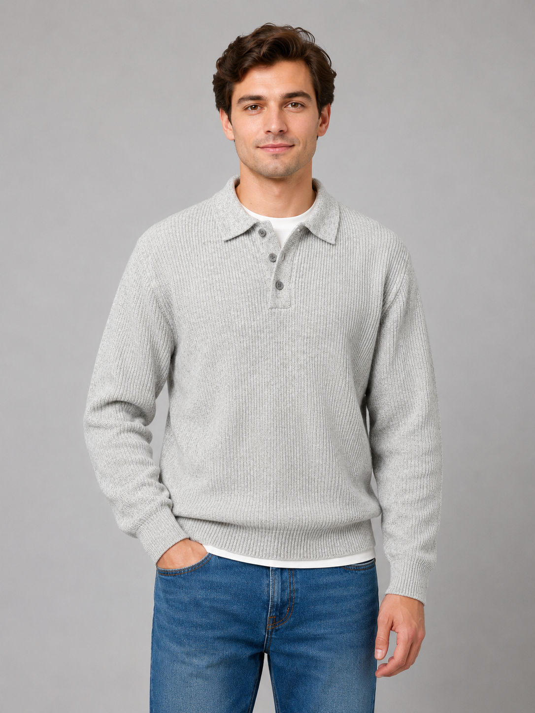 Men's Ribbed Polo Knit Jumper, Button Placket, Long Sleeves