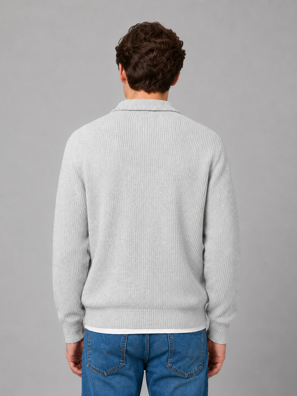 Men's Ribbed Polo Knit Jumper, Button Placket, Long Sleeves