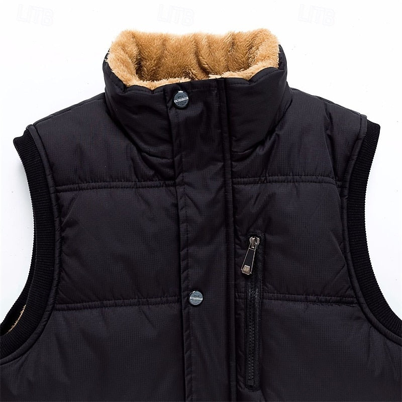 Men's Black Sherpa-Lined Puffer Vest - Casual Winter Body Warmer