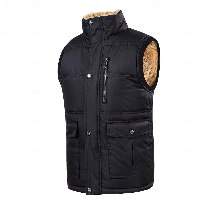 Men's Black Sherpa-Lined Puffer Vest - Casual Winter Body Warmer