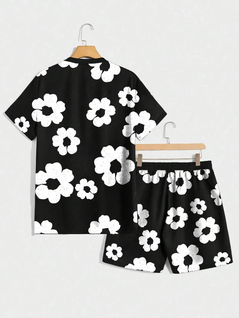 Men's Black and White Floral Print Summer Shorts Set