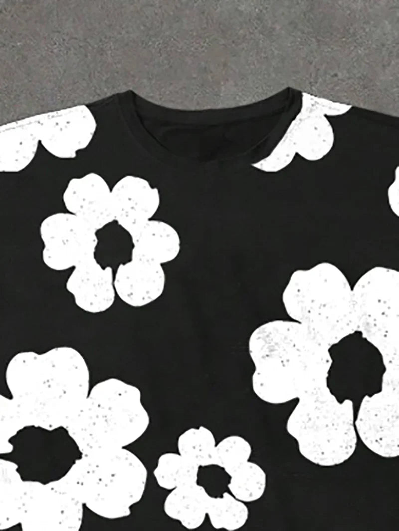 Men's Black and White Floral Print Summer Shorts Set