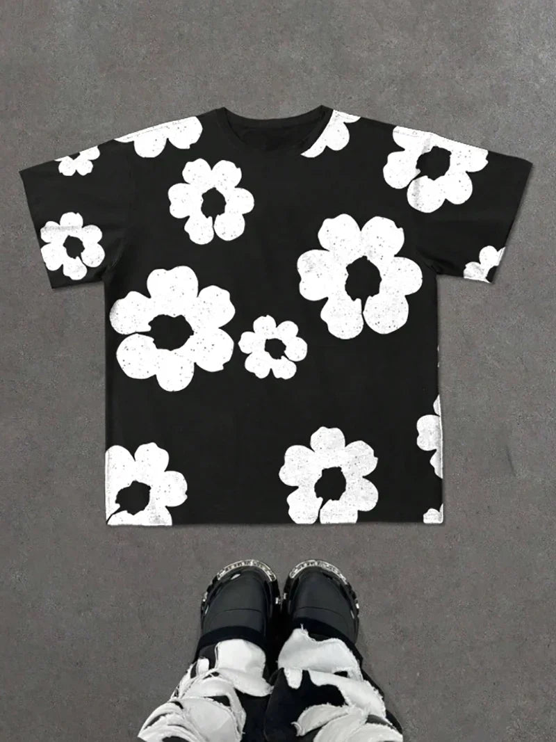 Men's Black and White Floral Print Summer Shorts Set