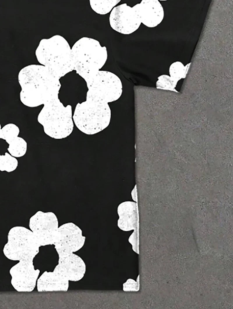 Men's Black and White Floral Print Summer Shorts Set