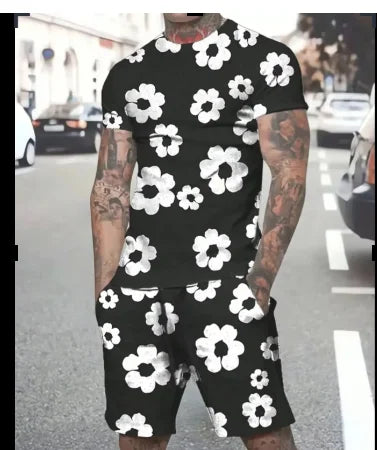 Men's Black and White Floral Print Summer Shorts Set