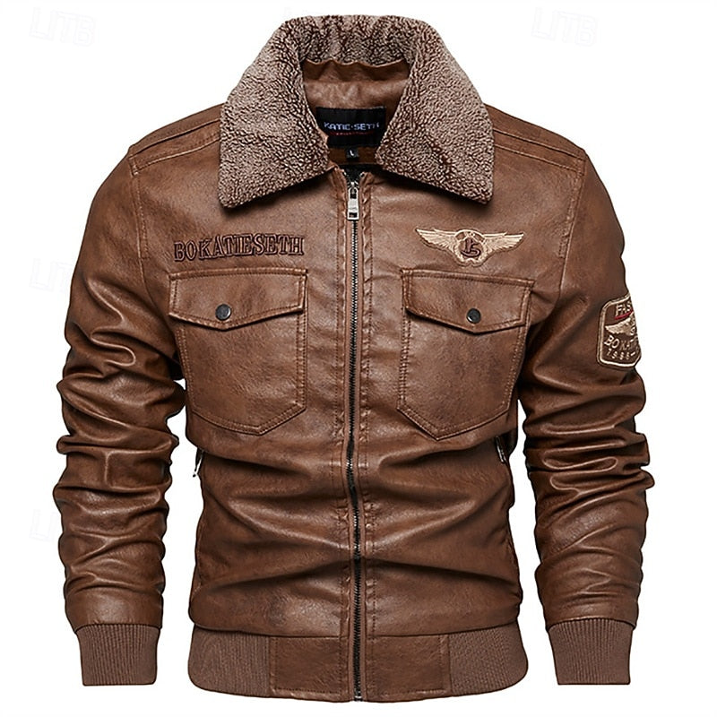 Men's Brown Faux Leather Bomber Jacket with Fleece Collar – Casual Winter Coat