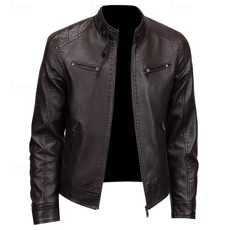 Men's Brown Faux Leather Moto Jacket with Stand Collar Zip-Up