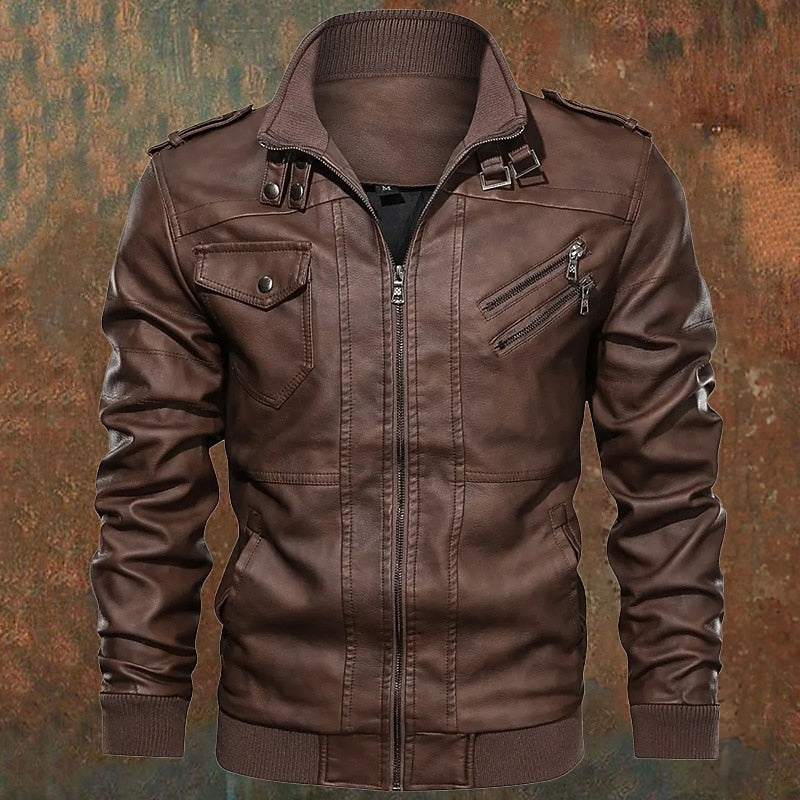 Men's Brown PU Leather Biker Jacket with Stand Collar – Casual & Moto