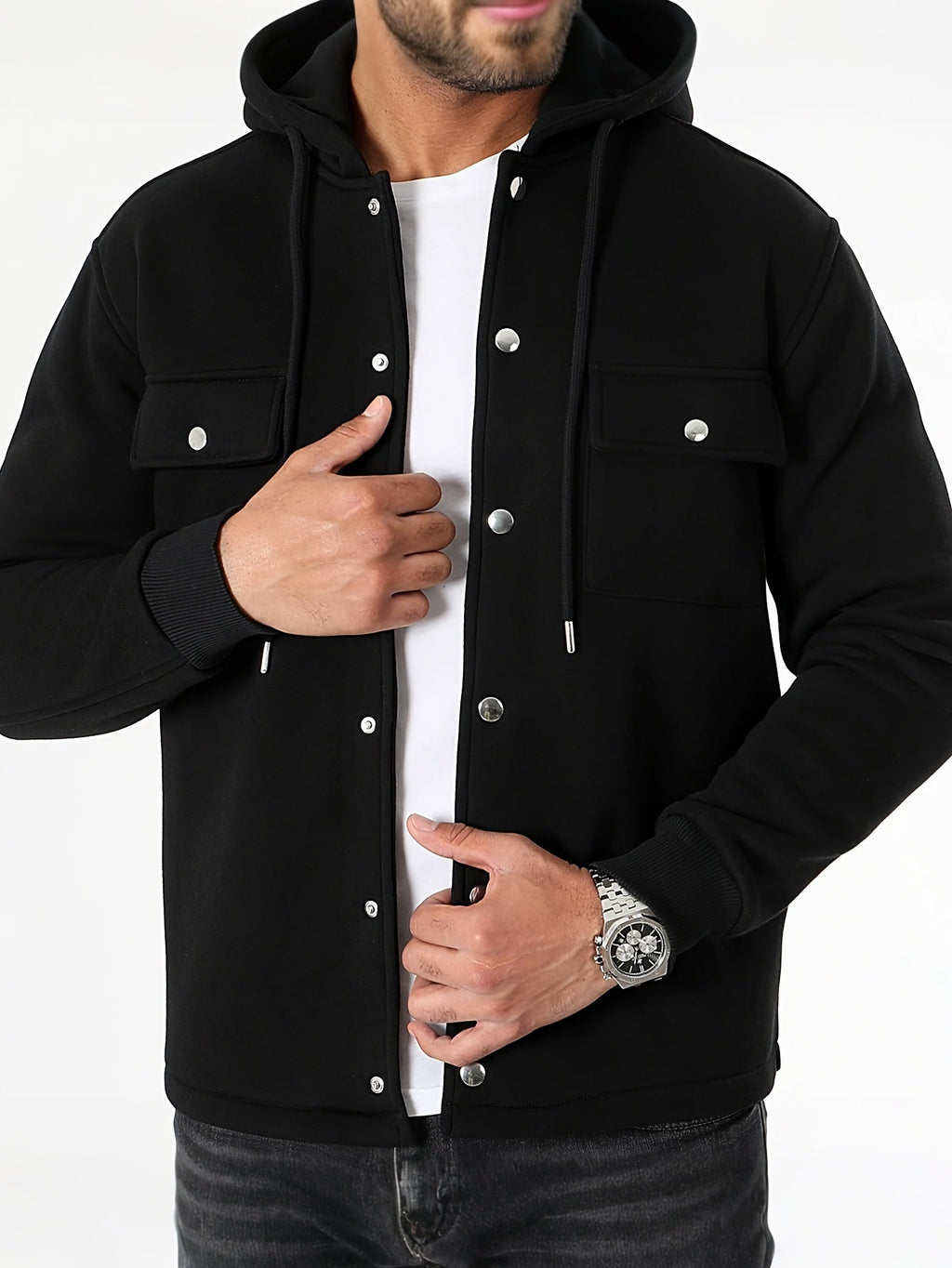 Men's Button-Front Hooded Jacket with Cargo Pockets