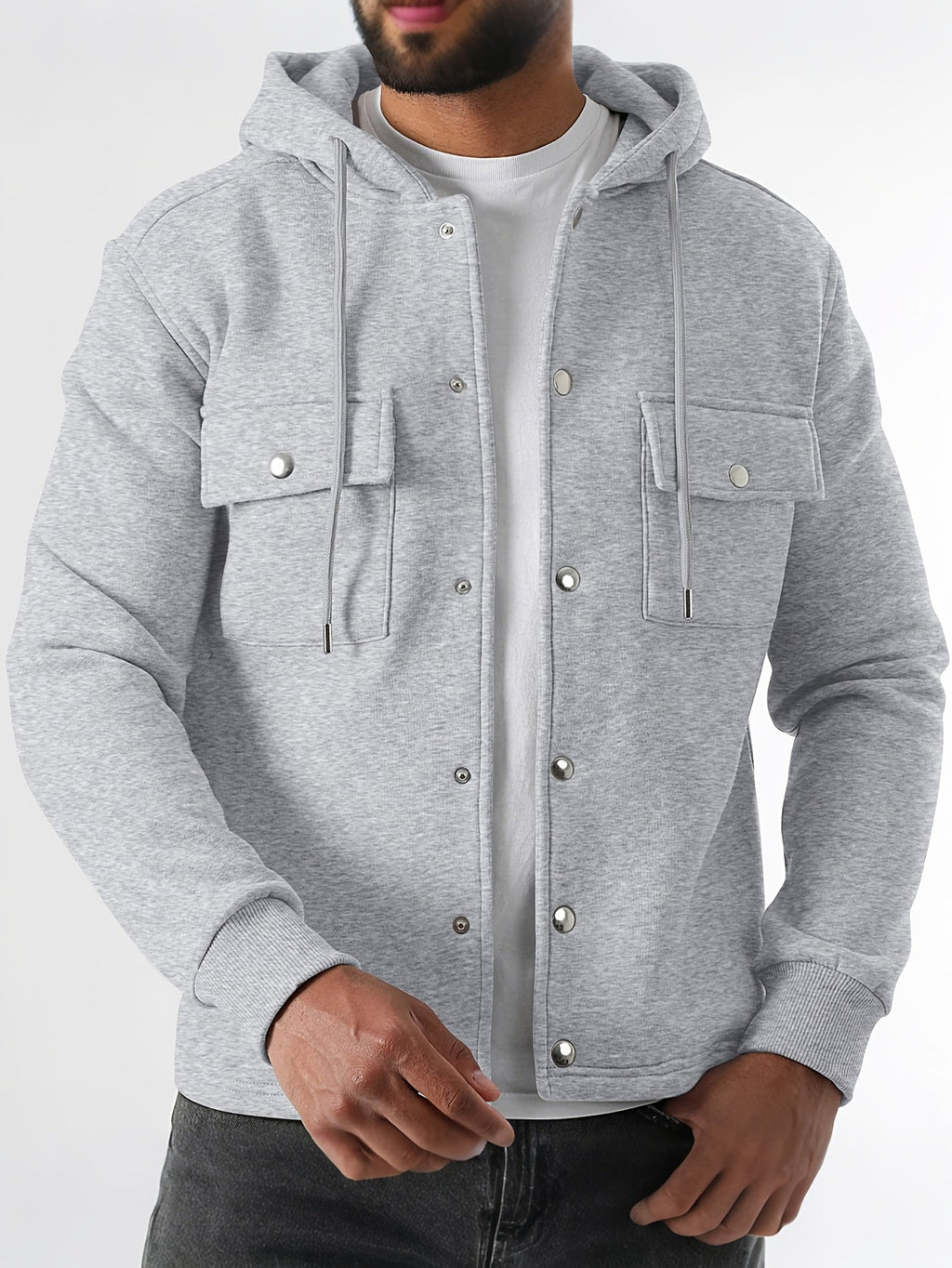 Men's Button-Front Hooded Jacket with Cargo Pockets