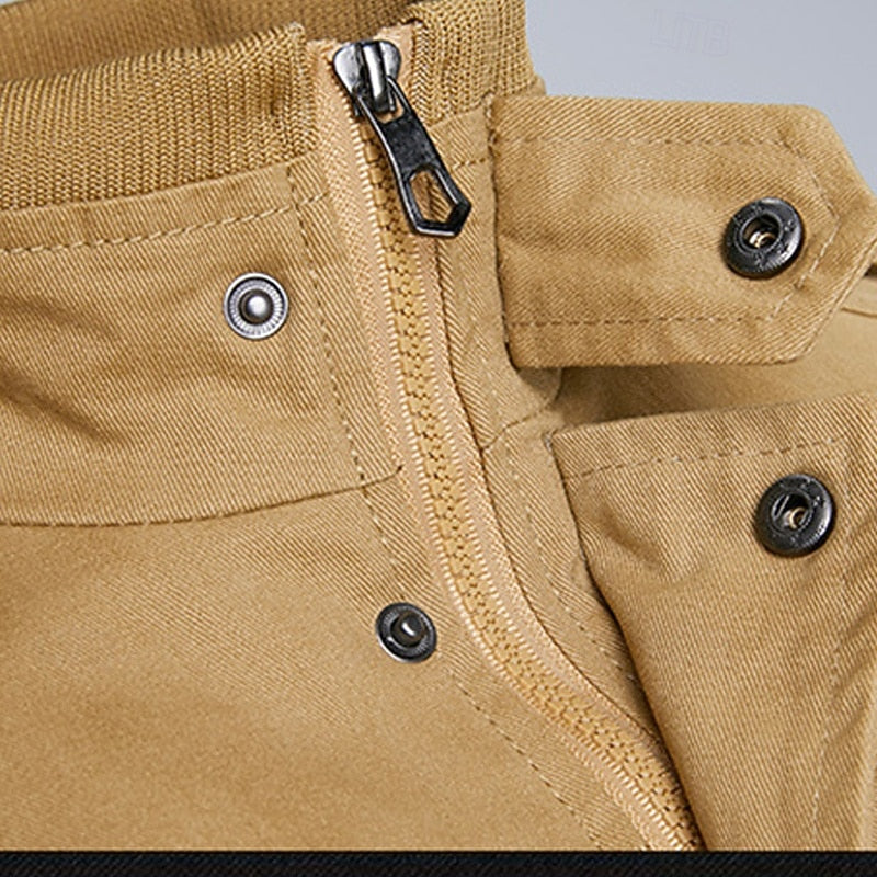 Men's Casual Khaki Cotton Field Jacket with Stand Collar and Zip-Up