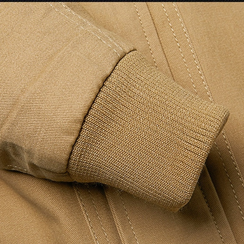 Men's Casual Khaki Cotton Field Jacket with Stand Collar and Zip-Up