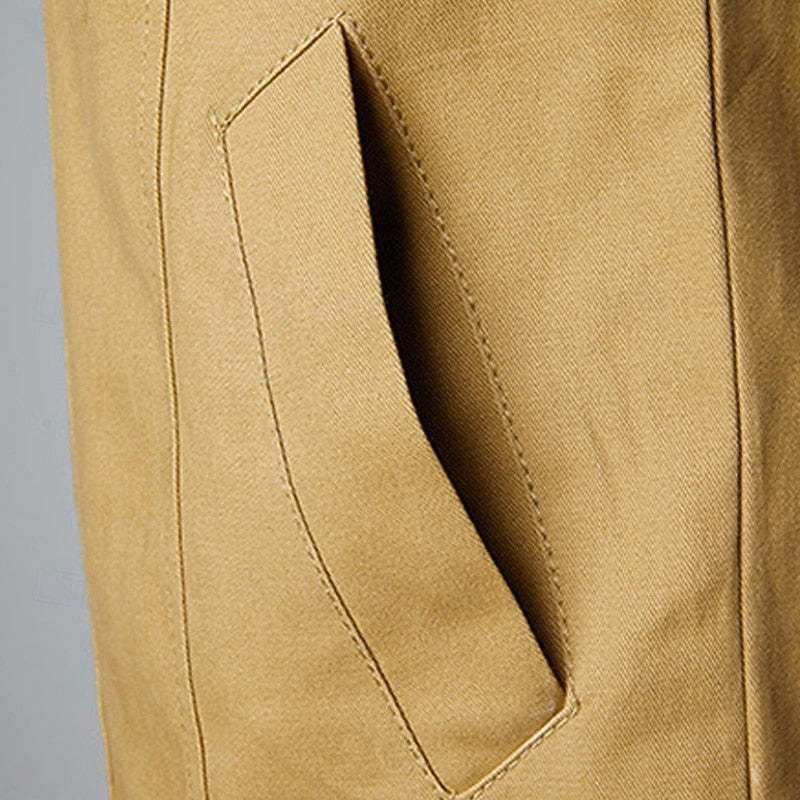 Men's Casual Khaki Cotton Field Jacket with Stand Collar and Zip-Up