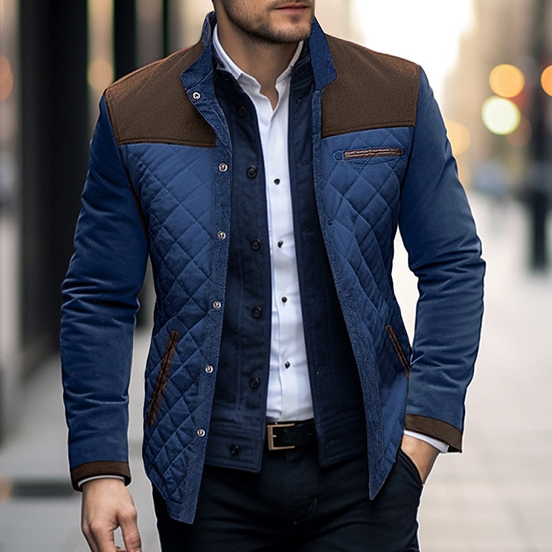 Men's Color Block Quilted Jacket with Stand Collar – Casual & Office