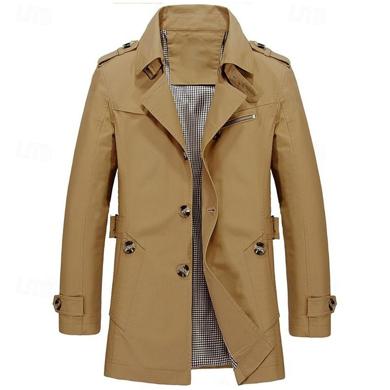 Men's Cotton Trench Coat Single-Breasted Notch Lapel Mid-Length Jacket