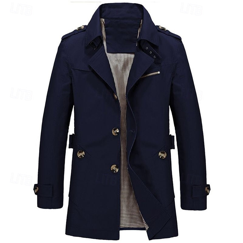 Men's Cotton Trench Coat Single-Breasted Notch Lapel Mid-Length Jacket