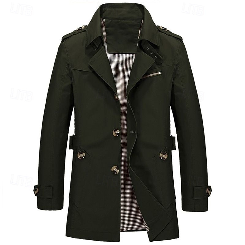 Men's Cotton Trench Coat Single-Breasted Notch Lapel Mid-Length Jacket