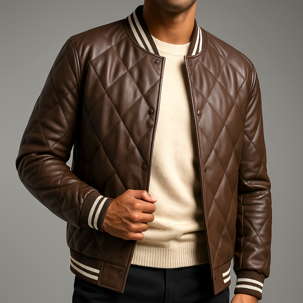 Men's Diamond-Stitched Leather Bomber Jacket