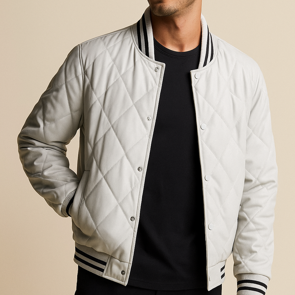 Men's Diamond-Stitched Leather Bomber Jacket