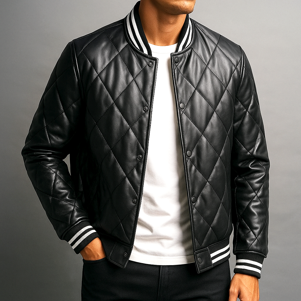 Men's Diamond-Stitched Leather Bomber Jacket