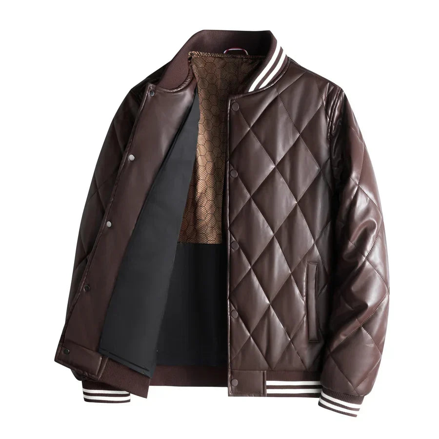 Men's Diamond-Stitched Leather Bomber Jacket