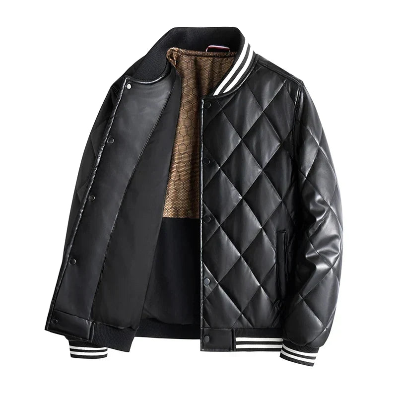 Men's Diamond-Stitched Leather Bomber Jacket