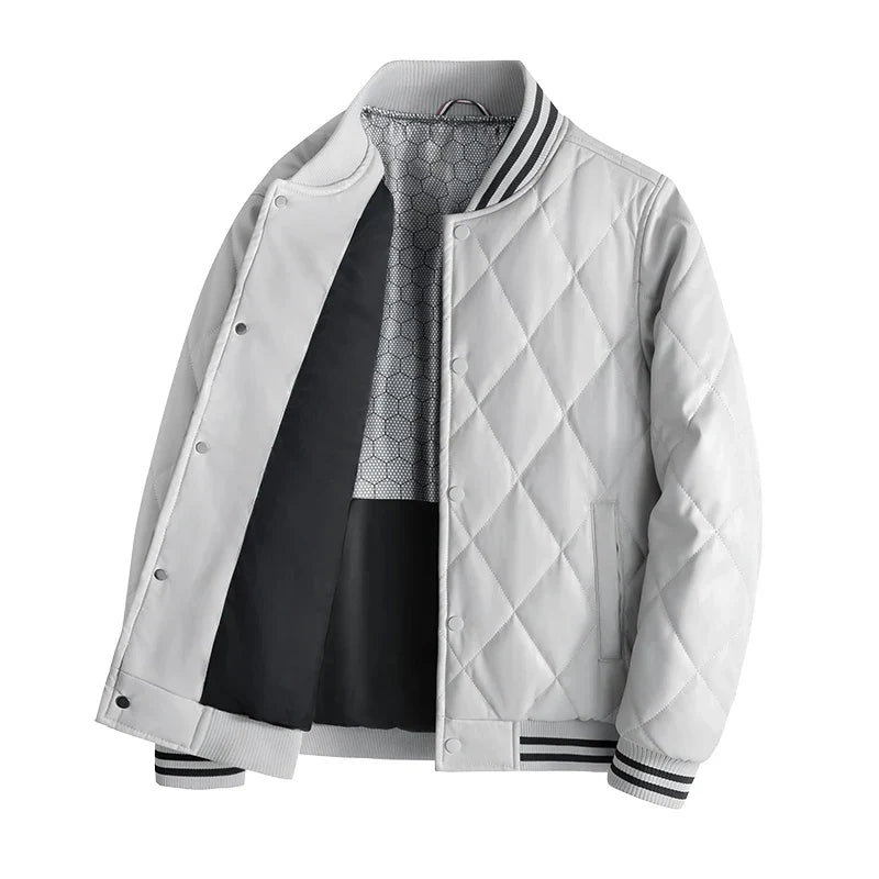 Men's Diamond-Stitched Leather Bomber Jacket