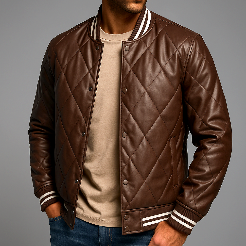Men's Diamond-Stitched Leather Bomber Jacket