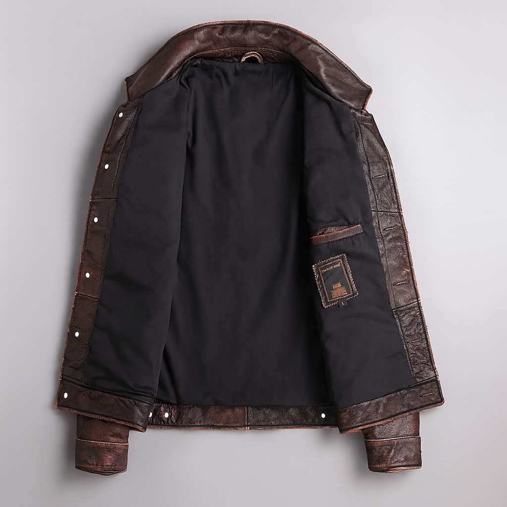Men's Distressed Leather Button-Front Jacket