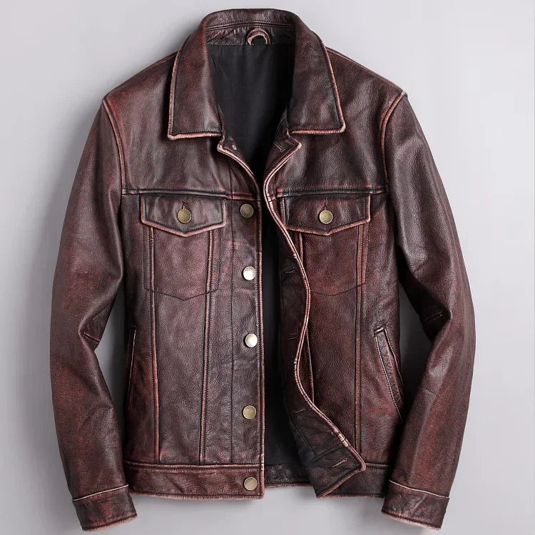 Men's Distressed Leather Button-Front Jacket